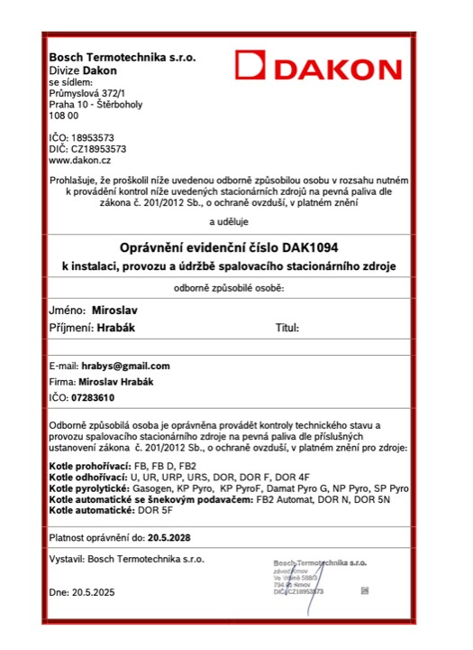 Certifikace na kotle pevných paliv DAKON.