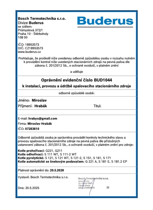 Certifikace na kotle pevných paliv BUDERUS.
