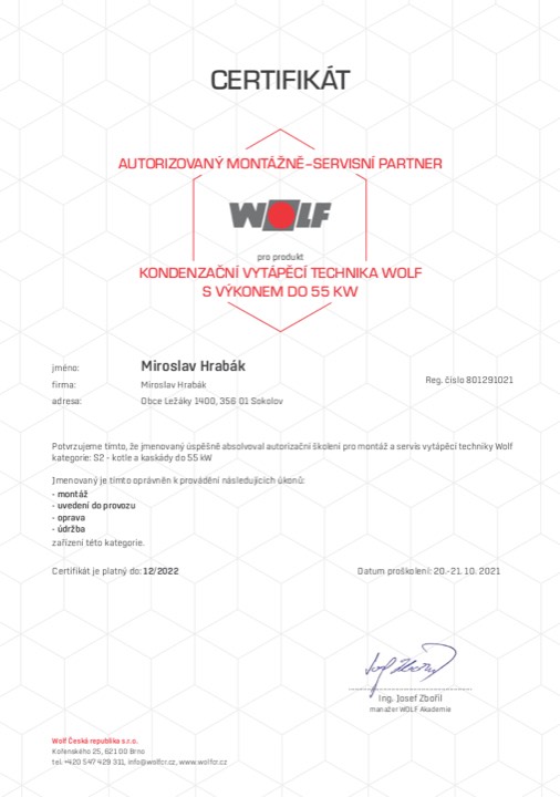 Certifikace na kondenzační kotle značky WOLF.