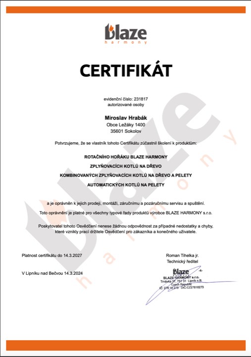 Certifikace BLAZE – servisní technik kotlů značky BLAZE.
