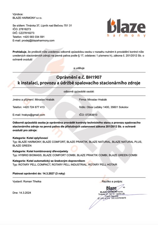 Oprávnění BLAZE – oprávnění k servisu a revizi kotlů značky BLAZE.